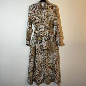 H&M Shirt Dress W SMALL Green Leaf Print Long Sleeve Tiered Midi Pockets Career